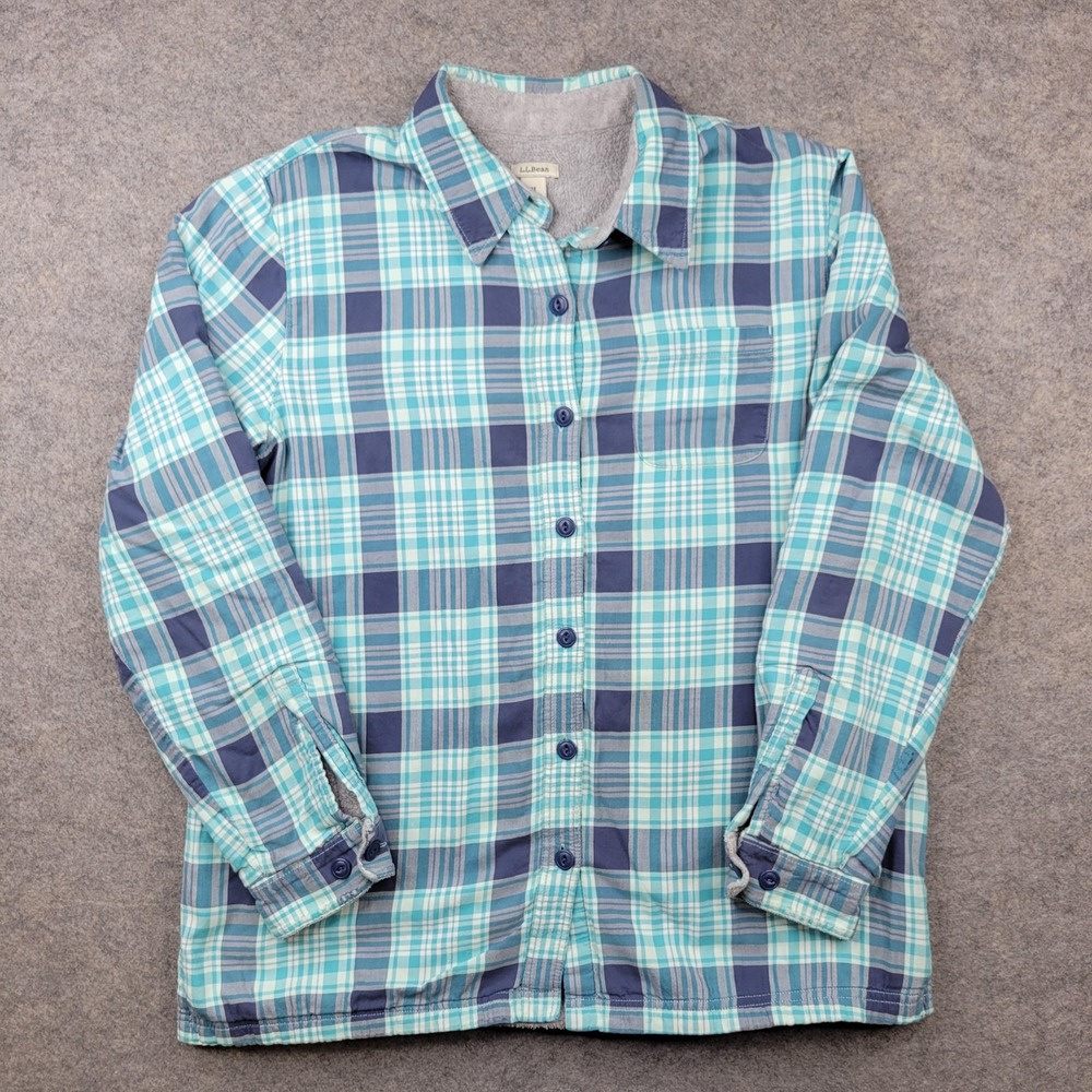 LL Bean Shirt Mens Medium Blue Plaid Flannel Button Front Fleece Lined